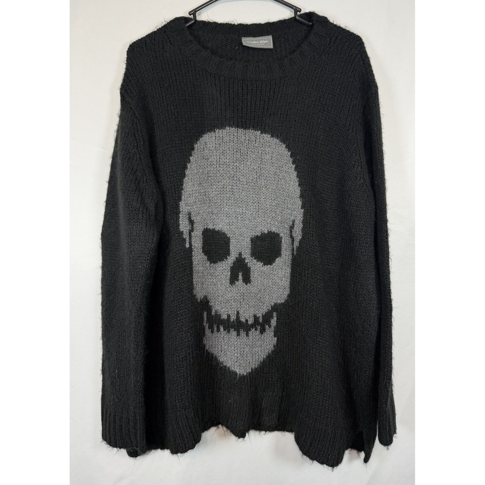 Wooden Ships Skull Long Sleeve Crew Neck Sweater Black & Gray Size S/M